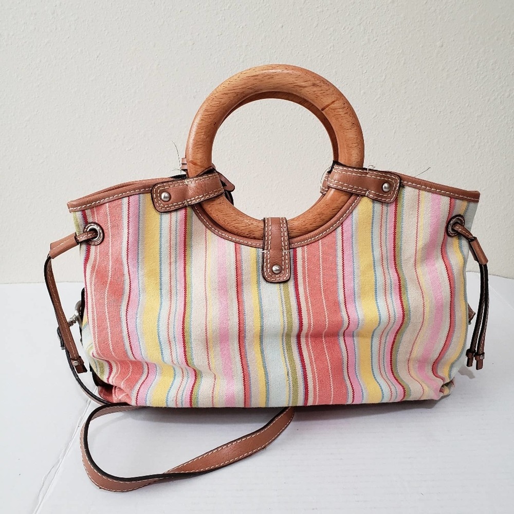 Fossil Genuine Classic 1954 Multi Stripes Canvas Leather Wooden Handle Tote Bag